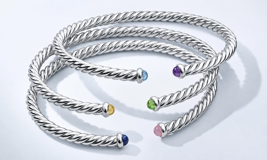 Twisted Rope Gemstone Silver Bangle