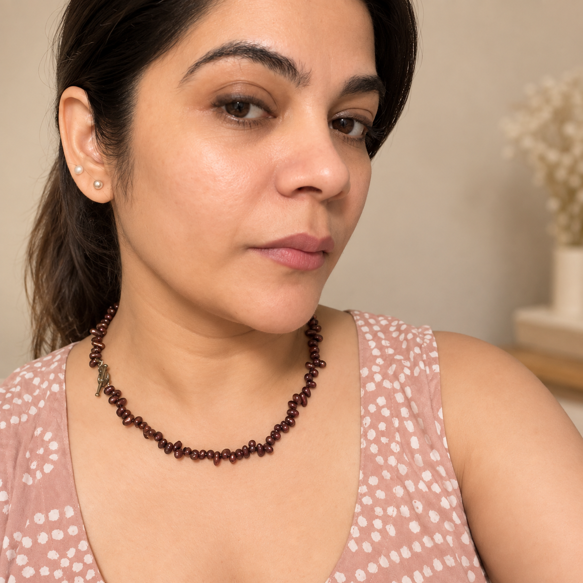 GILBI Coffee Pearls and Brass Toggle Choker