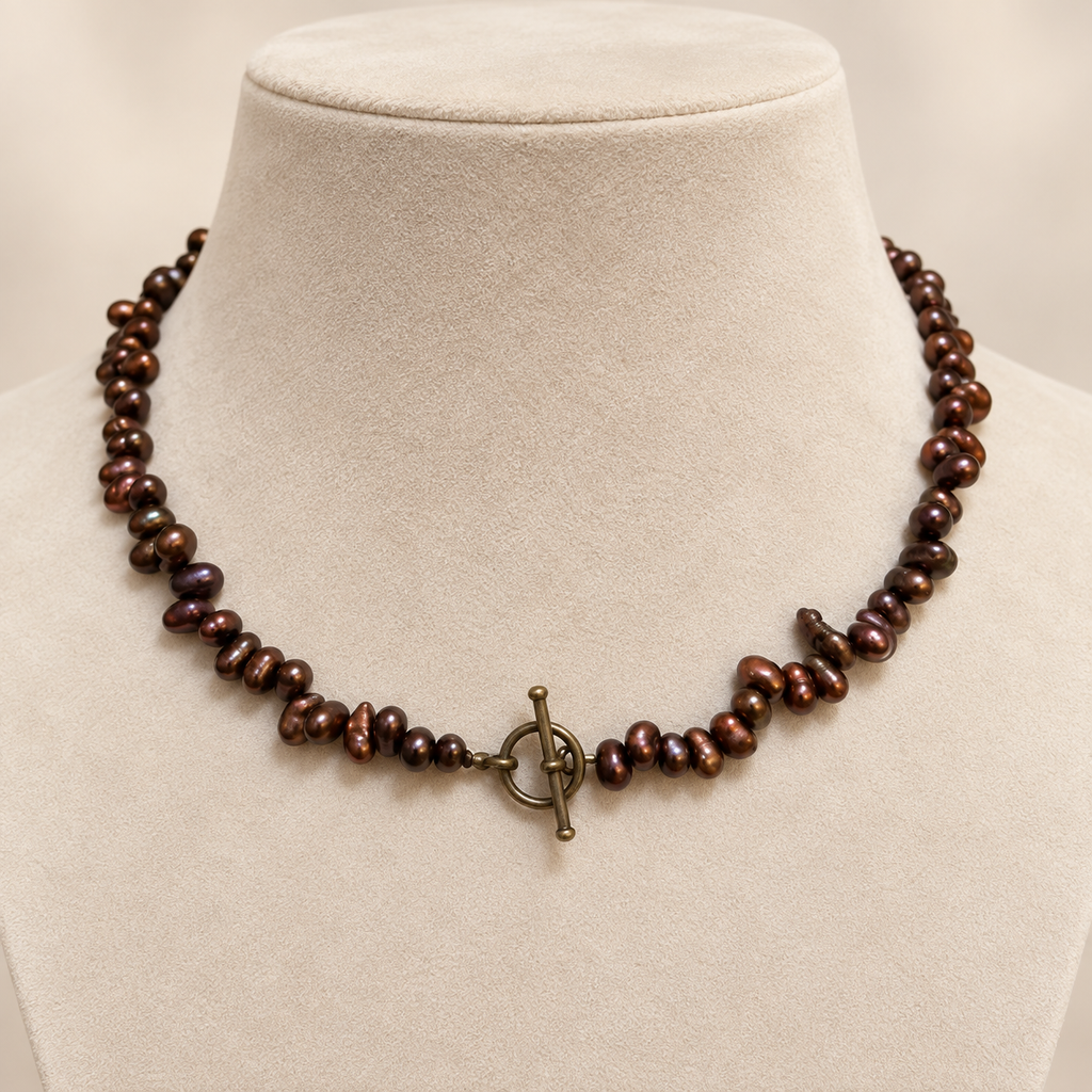 GILBI Coffee Pearls and Brass Toggle Choker