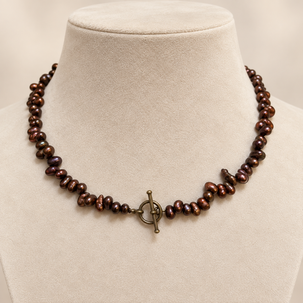 GILBI Coffee Pearls and Brass Toggle Choker