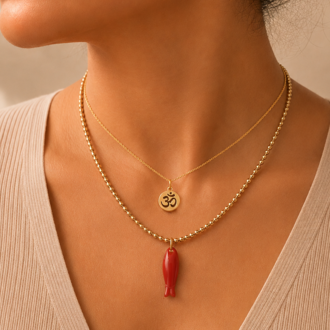 Close-up of a woman wearing layered gold necklaces, including a red teardrop pendant and an Om symbol charm.