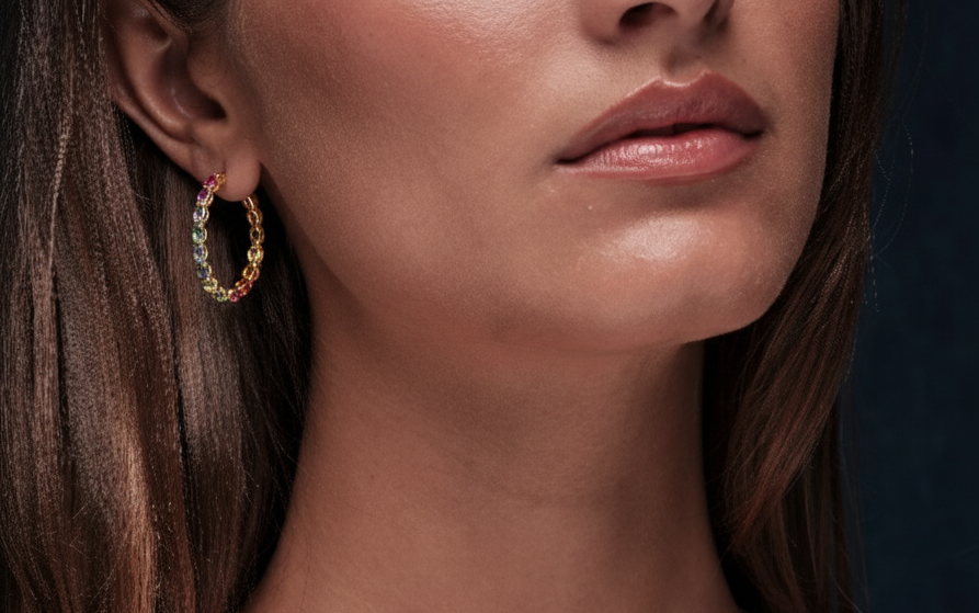 Rainbow Sapphire Gold Hoops